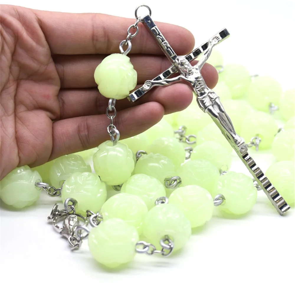 

20MM Luminous Christian Catholic Cross Virgin Holy Christ Pendant Necklace For Men Women Rosary Necklace Prayer Beaded Jewelry