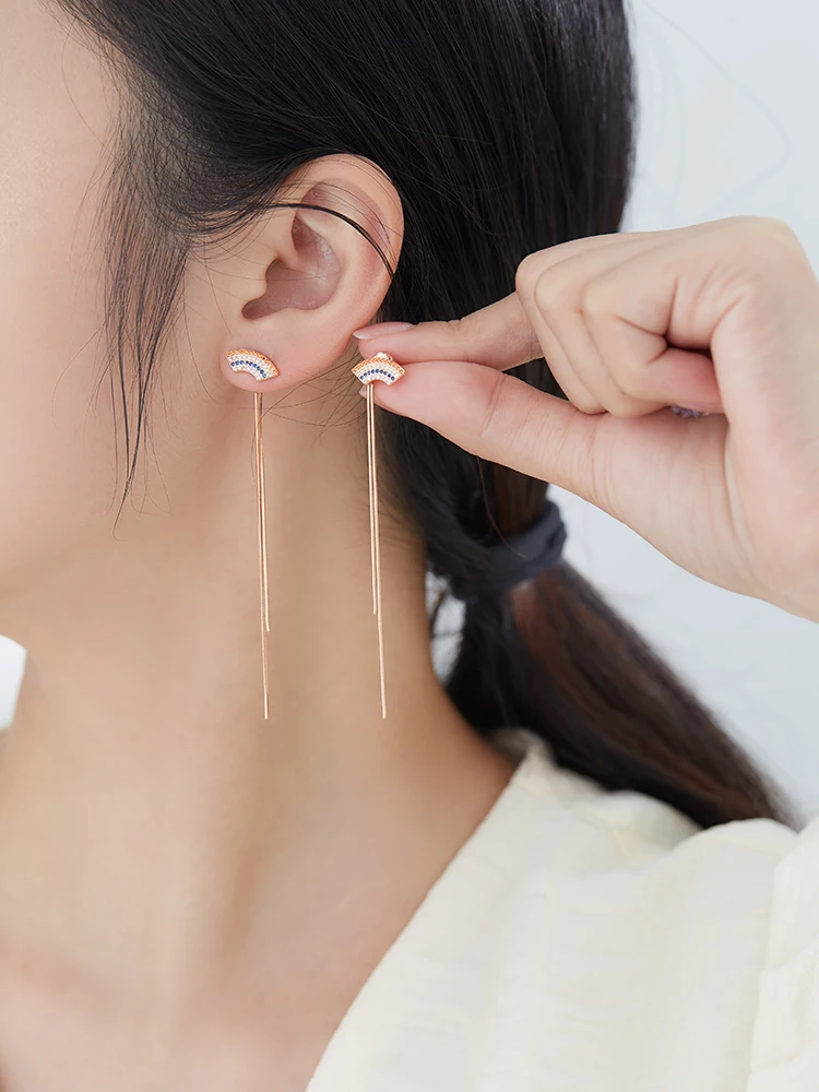 

SILVERHOO Long Tassel Drop Earrings For Women 925 Sterling Silver 3 Colors Sparkling Zircon Rainbow Earring Silver 925 Jewelry