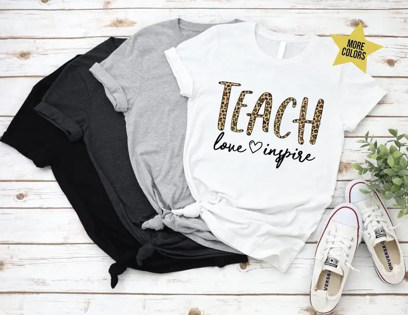 

Teacher Teach Love Leopard shirt Teacher Short Sleeve Tees Fashion 100%Cotton O Neck Female Clothing Plus Size Casual Streetwear