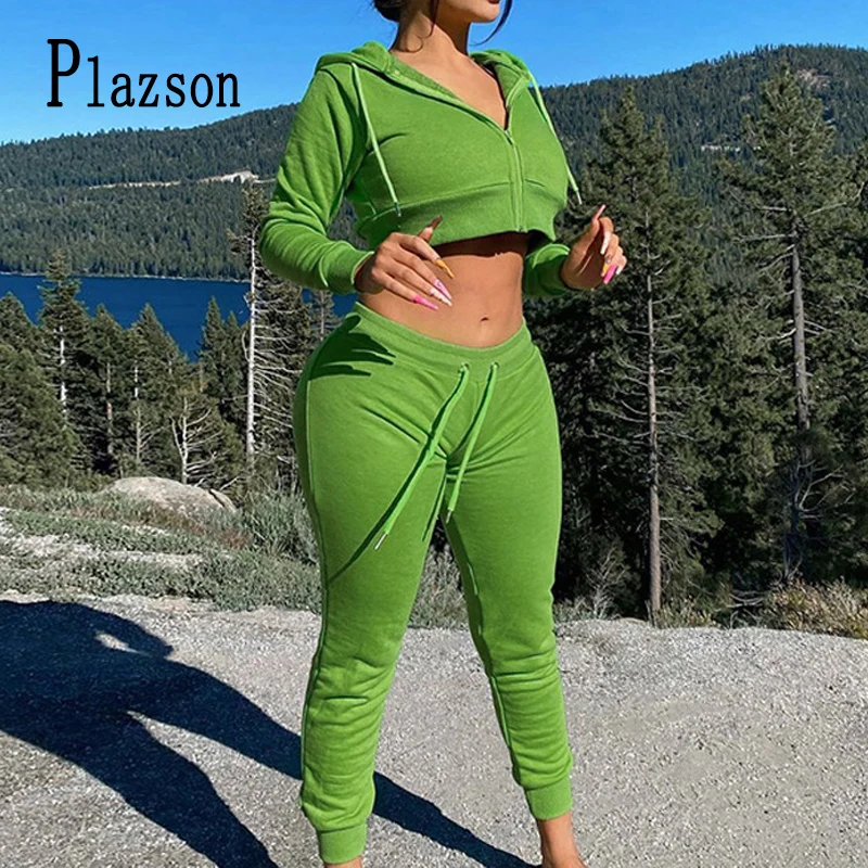 

Plazson Green Tracksuit Zipper Long Sleeve Short Hooded Crop Top And Pencil Pants Two Piece Set Women Autumn Sport Outfit