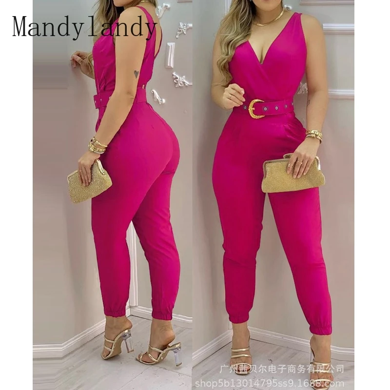 

Mandylandy Jumpsuits Summer Fashion V-neck Spaghetti Strap Backless Jumpsuits Women's Sexy Solid Color Slim High Waist Jumpsuits