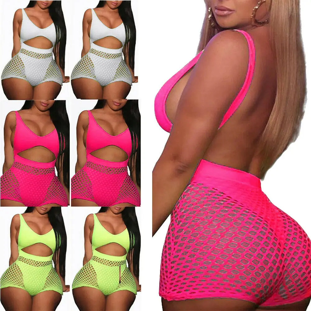 

2 pieces Set Women Fishnet Sheer Mesh Playsuit Bodysuit Romper Set Sleeveless Front Hole Backless Top Tank+ Shorts sets