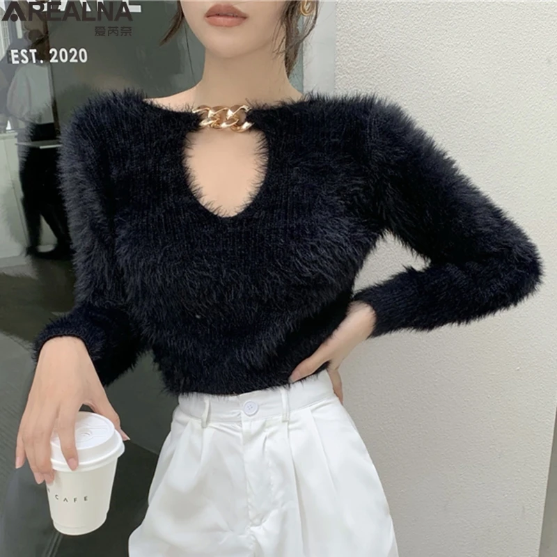 

Korean Hollow V-neck mohair sweater women long sleeve metallic buckle elastic knitted tops autumn sexy crop top woman sweaters