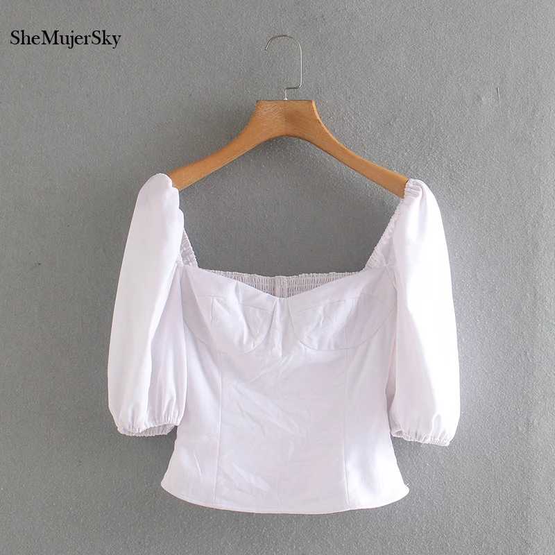

Женская блузка с квадратным вырезом SheMujerSky, белая эластичная Облегающая рубашка на молнии с пышными рукавами, лето 2020