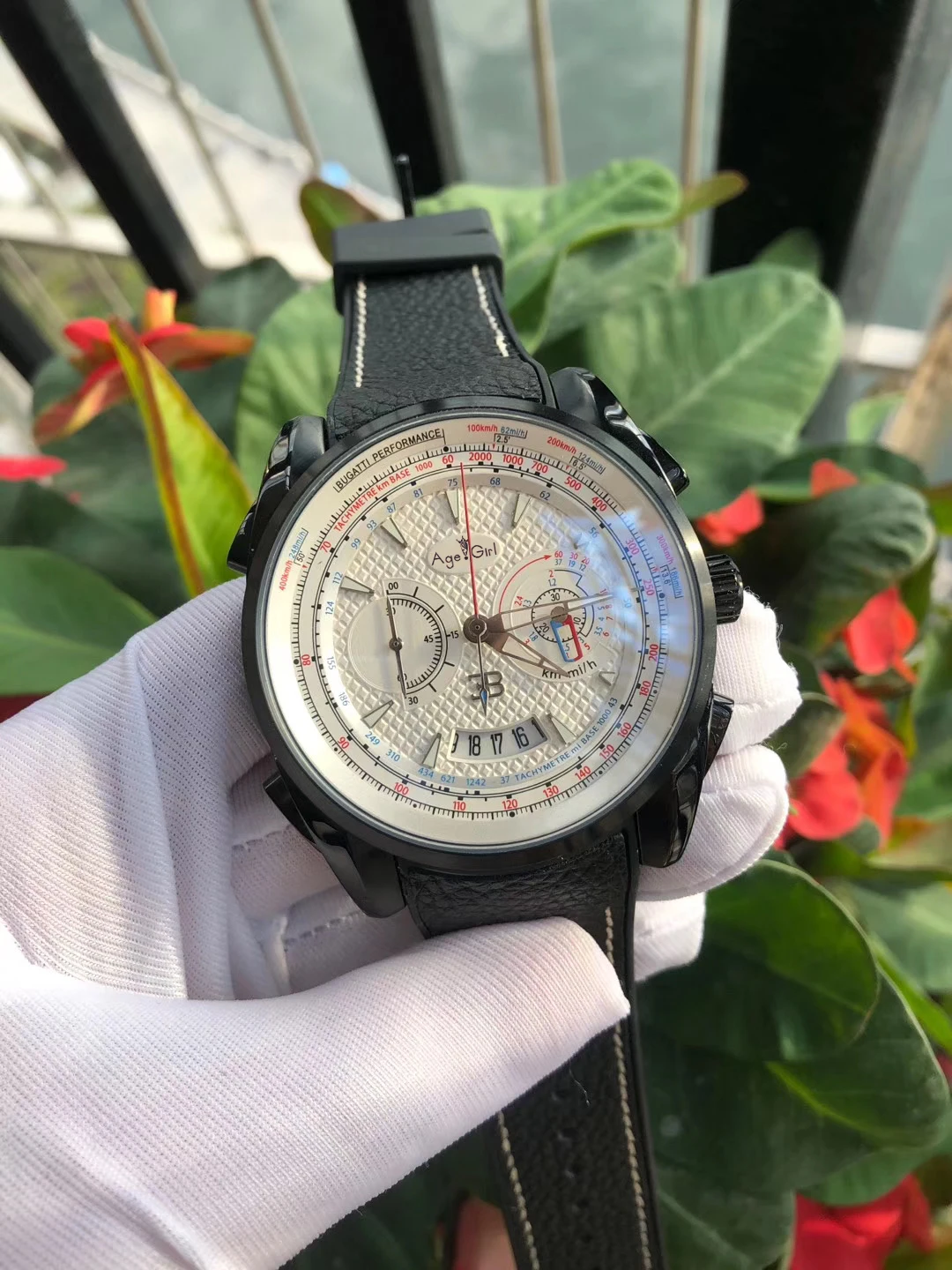 

Classic New Men Rose Gold Black Daydate Japanese Quartz Chronograph Sapphire Stainless Steel Watch Luminous Blue Leather