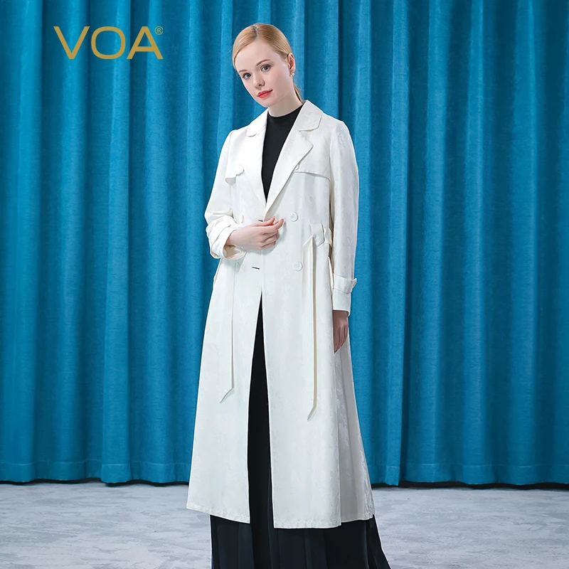 

VOA 38m/m Silk Jasmine White Long Sleeve Double-breasted Inclined Bag Mature Woman Business Trench Coat F562 Spring/Autumn