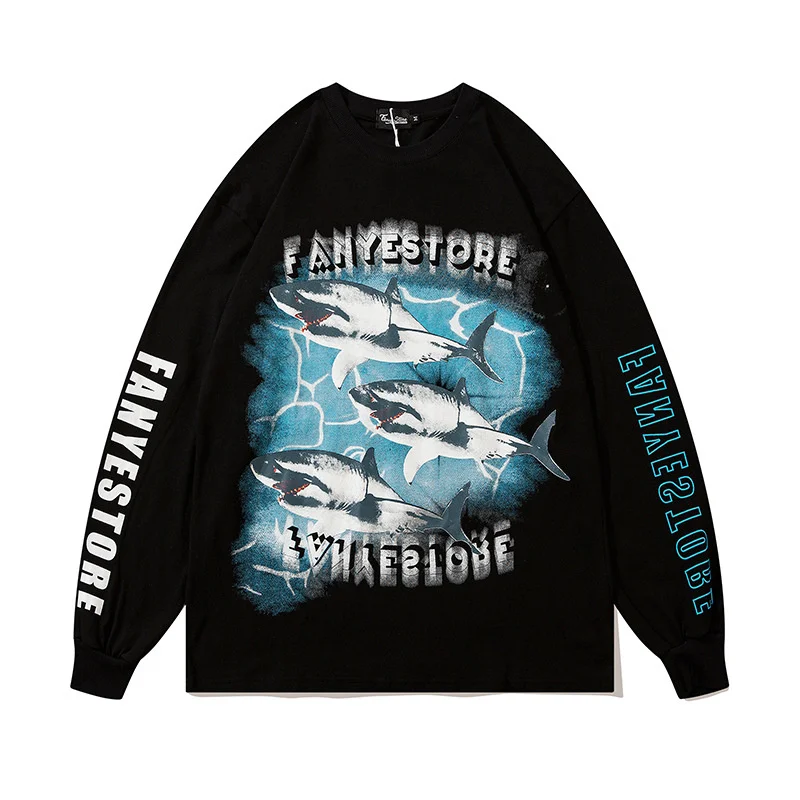 

Свитшот мужской в стиле хип-хоп с круглым вырезом и длинными рукавами, пуловер в стиле хип-хоп, свитшот с принтом акулы, топы с длинными рукав...
