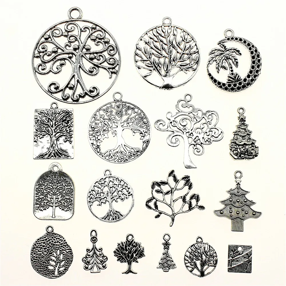 

40g Antique Silver Plated Zinc Alloy Random Mix Styles Tree Charm For DIY Jewelry Making