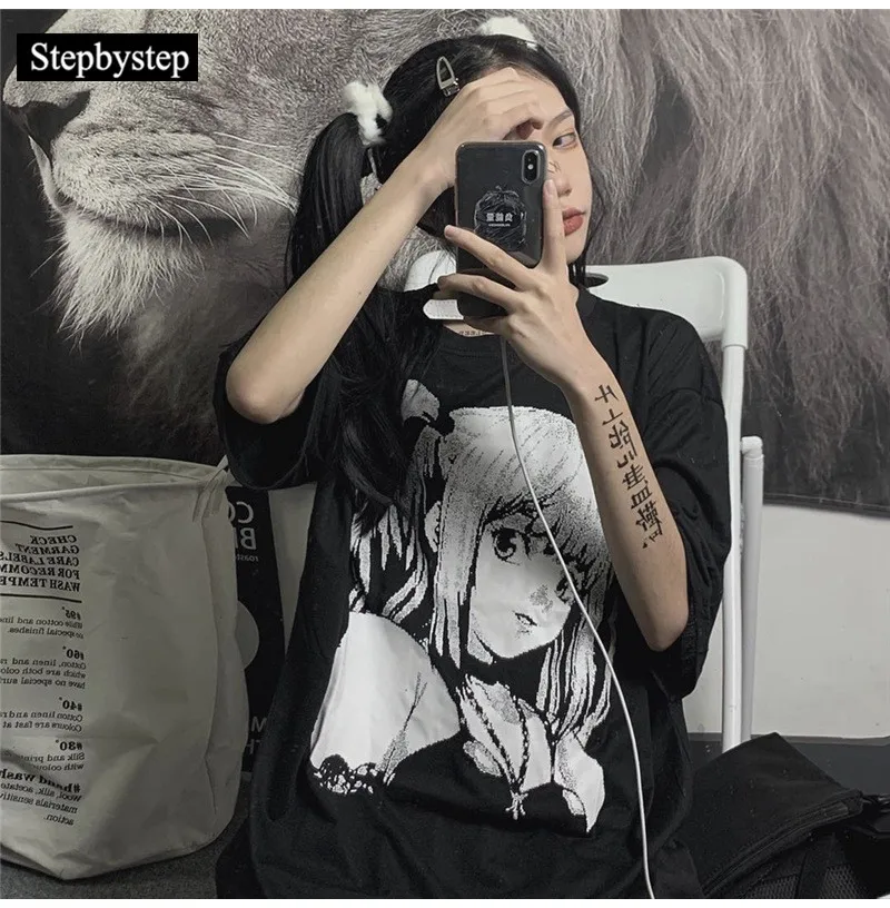 

Knit Harajuku Summer Wear Women's 2021 Oversized T-shirt Mid-length Sleeve Top Gothic Fashion Japanese Cute Cartoon Streetwear