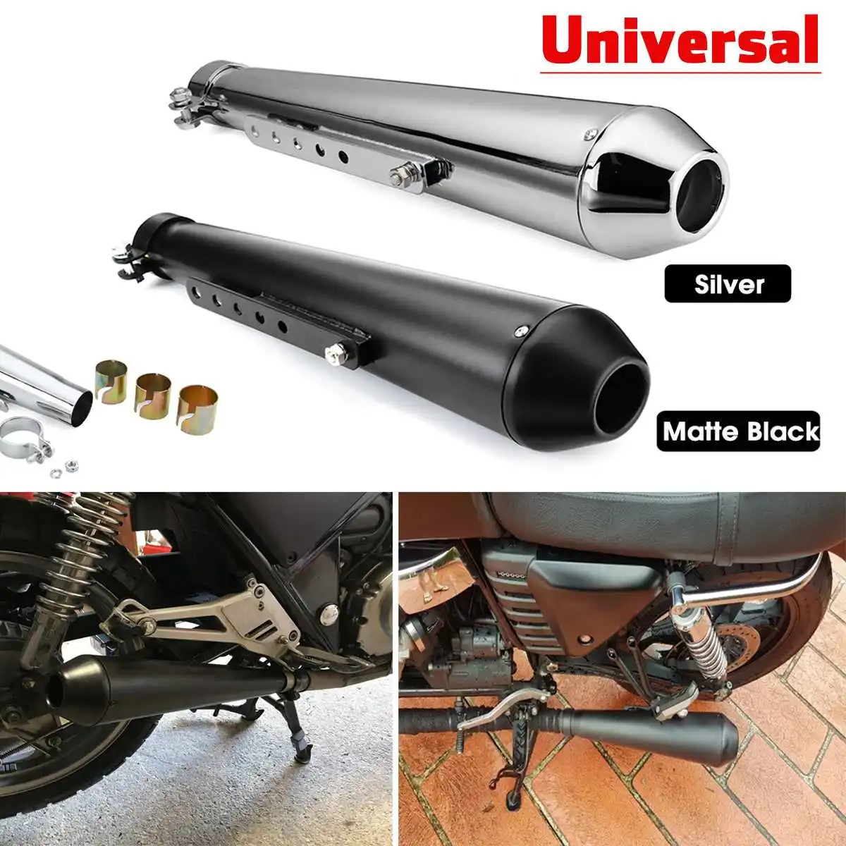 Универсальный выхлопной глушитель для мотоцикла Cafe Racer, глушитель с скользящая скоба, матовый черный, серебристый - изображение