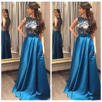 blue lace satin mother of the bride floor length dresses fit a boat line neck sleeveless wedding party evening prom gowns
