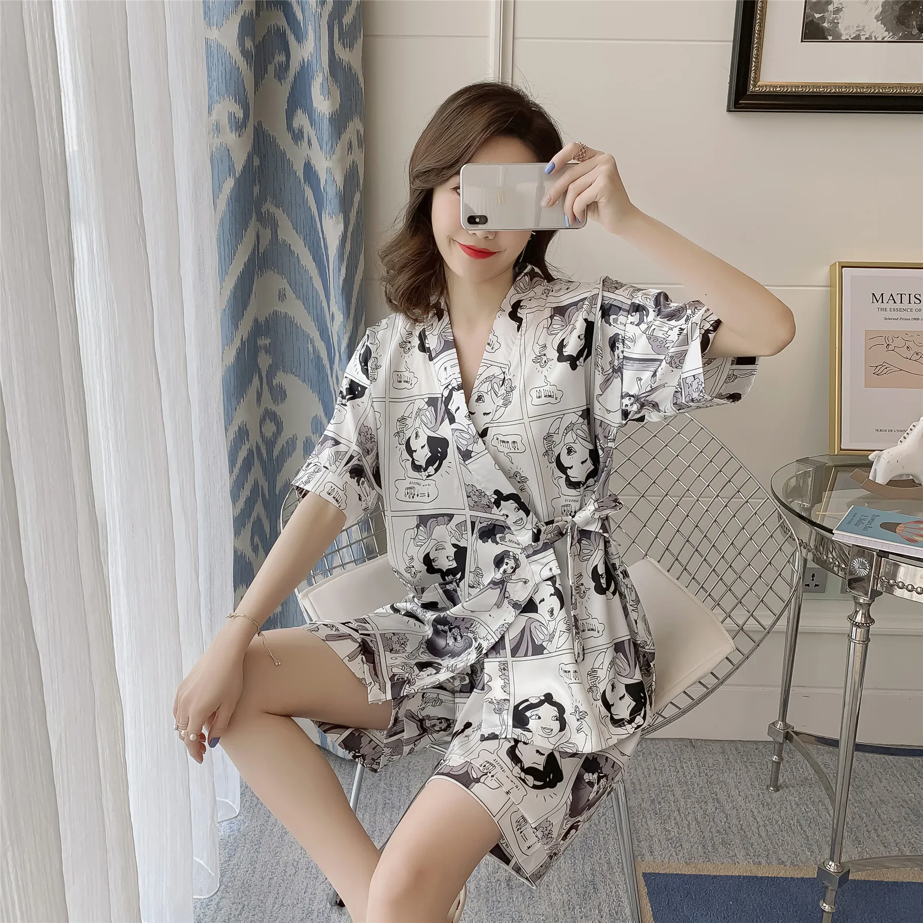 

Kimono Women Sleep Wear Pajamas Set Simulation Silk Nightwear Short Sleeved Sleepwear Sleep Clothing Deep V-Neck Sexy Slim Night