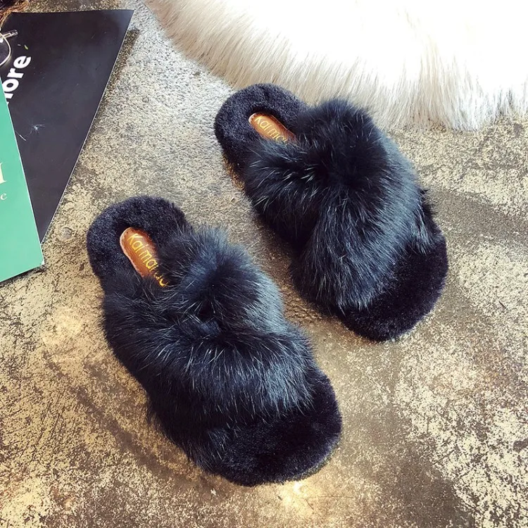 

2020 autumn and winter furry slippers women fashion crossover outer wear all-match flat-bottomed casual rabbit fur cotton drag