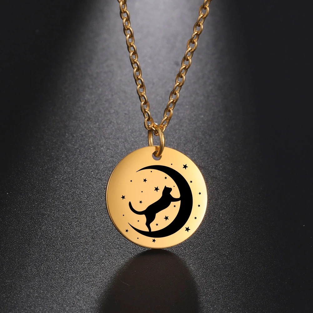 

My Shape Cat Moon Star Round Pendant Necklace Women Girl Gold Color Stainless Steel Aesthetic Necklace Choker Fashion Jewelry