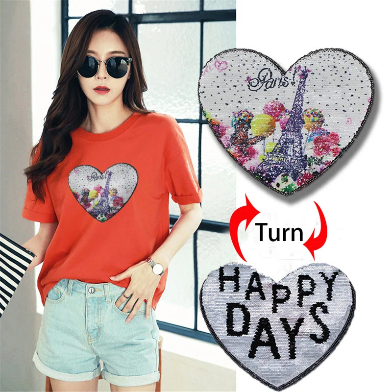 Футболка с нашивками в виде сердца для женщин наклейки Реверсивные меняющие цвет