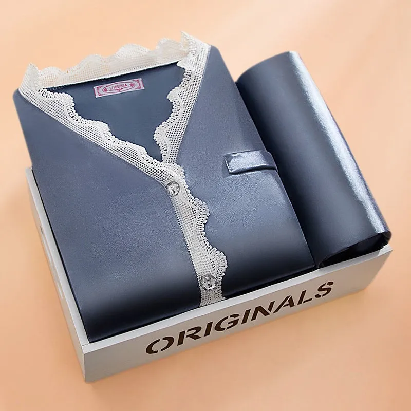 

Satin female Pajamas Suit Casual Home Clothing Intimate Lingerie Lace Sexy Autumn New Sleep Set Nightwear Silky Sleepwear