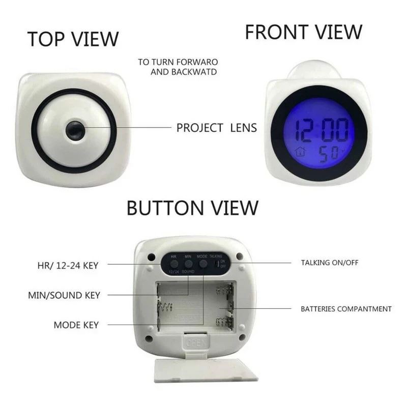 

Digital Alarm Clock LED Projector Temperature Thermometer Desk Time Date Display Projection Calendar Table Bedside Wake Up Clock