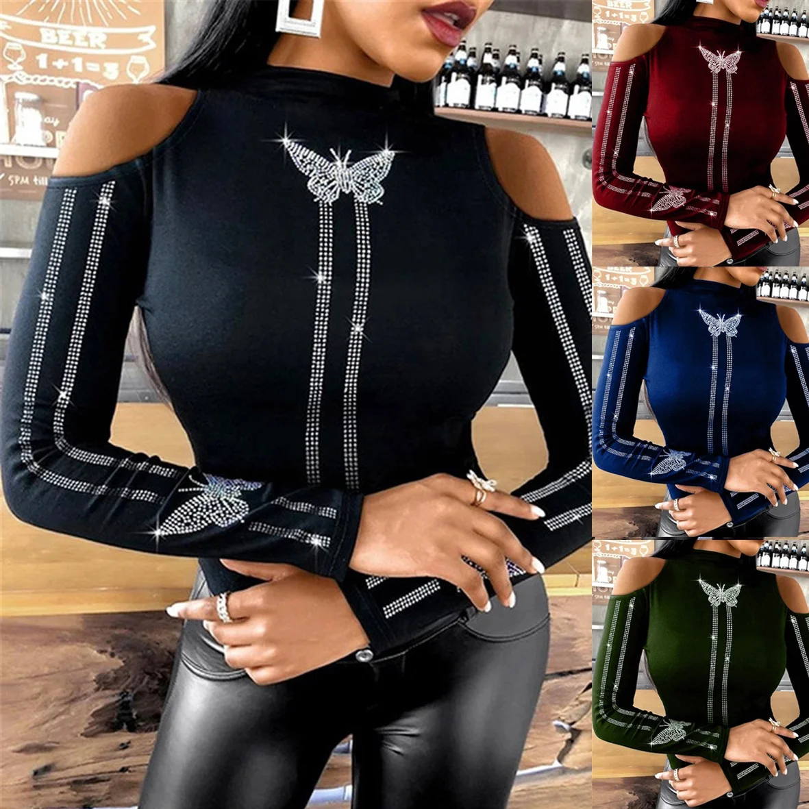 

Женская свободная футболка с длинным рукавом и открытыми плечами