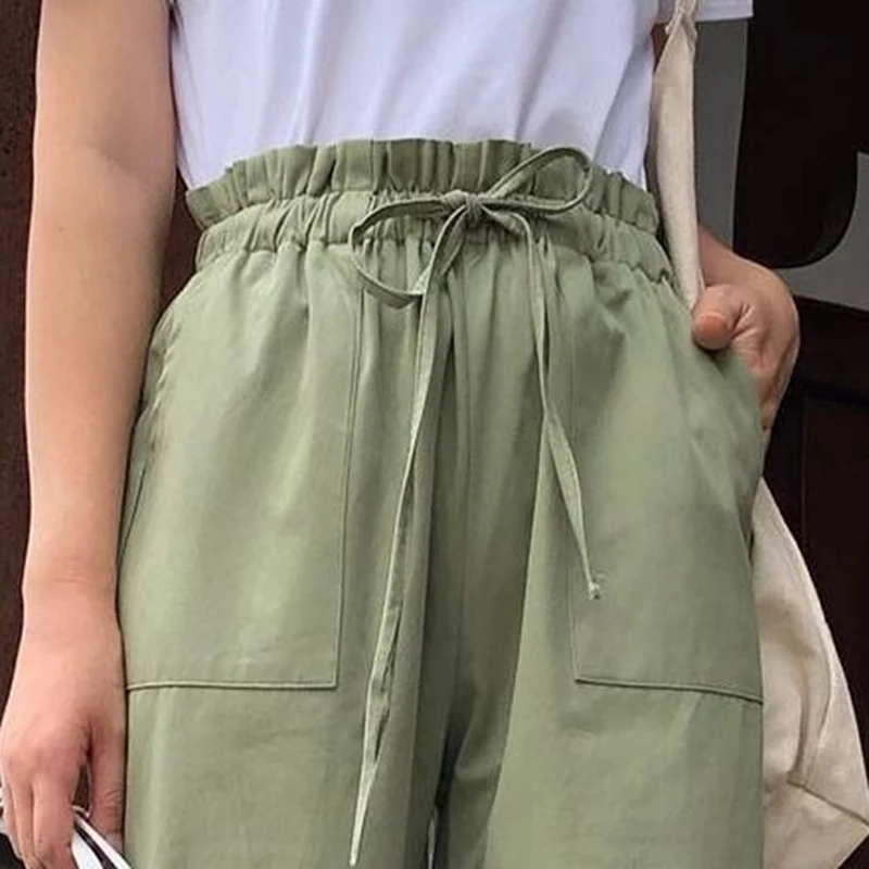 Женские шаровары с высокой талией брюки завязками и бантом повседневные