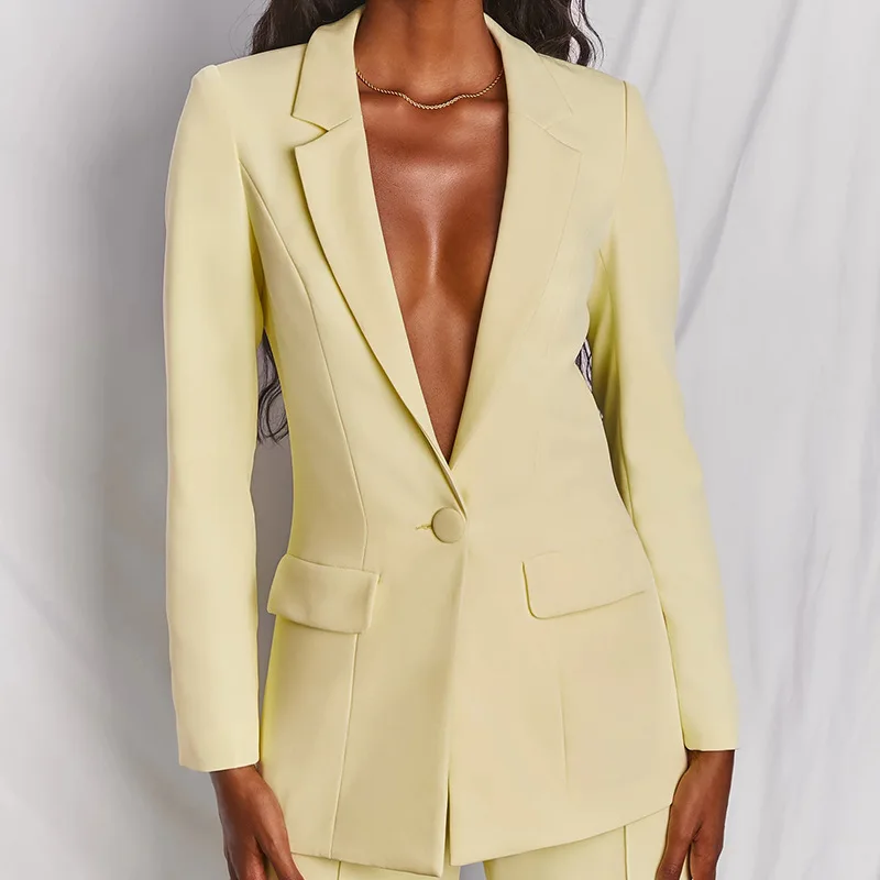 

Yellow Pink Blazer Coat Trouser 2 Piece Set Loose Elegant Pant Suits Formal Women Office Lady 2020 Autumn New Solid Long Sleeve