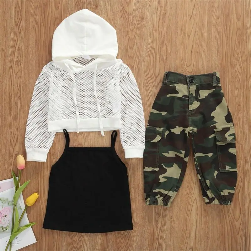 

Toddler Kids Baby Girl Sling Vest Top Meah Coat Camo Pants Outfits Clothes 3PCS