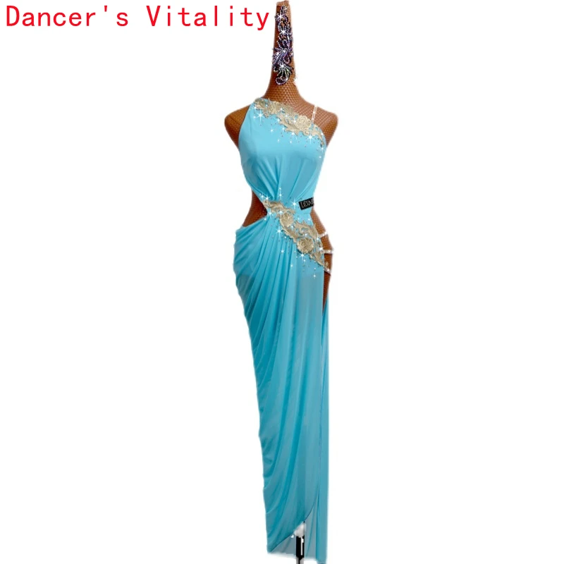 

Latin Dance Competition Clothing Embroidery Sleeveless Backless Skirt High-end Custom Female Professional Performance Clothes