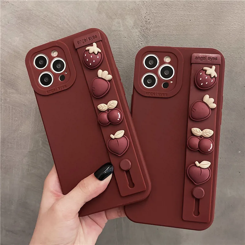 3D винно-красный чехол с ремешком на запястье для iPhone 13 Pro Max 12 11 XR X XS 7 8 Plus SE 2020