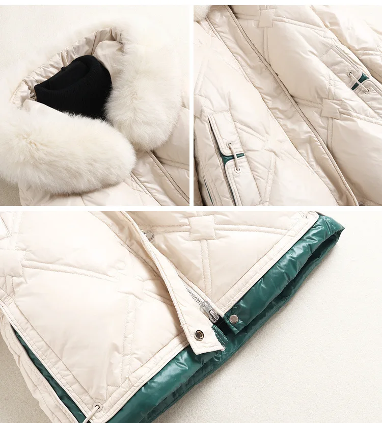 Fur Winter Coat Hood Fox Wide-waisted Long Solid Zipper 90% White Duck Down Jacket Women Futro Damskie Naturalne