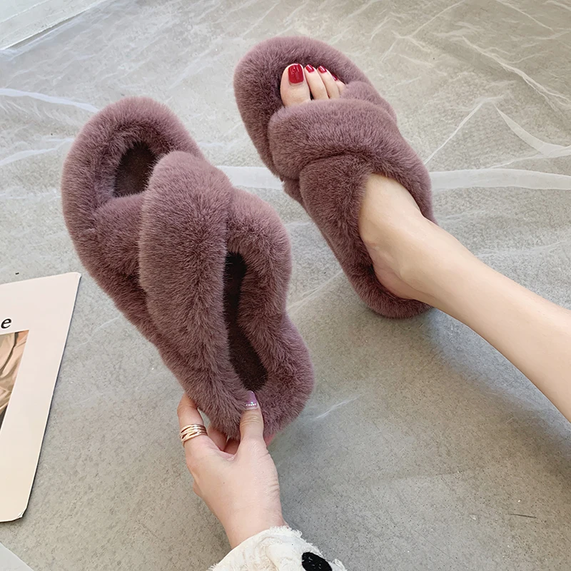 YIdemusha Winter Women Home Slippers with Faux Fur New Fashion Warm Shoes Woman Slip on Flats Female Slides Black Casual | Обувь