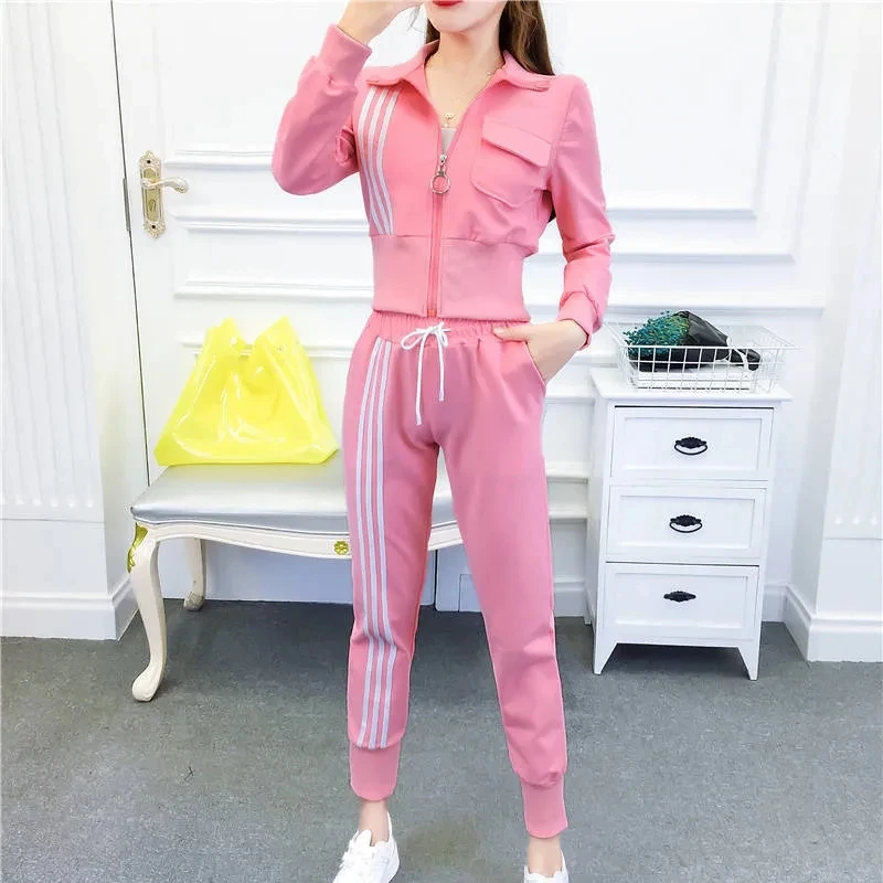 

Korean Style Striped Slim Tracksuit Women Two Piece Sets Spring Fashion Cropped Tops And Pencil Pant Suit Casual Sweatsuit Trend