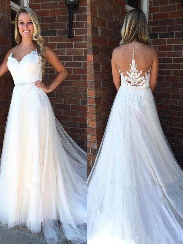 

Vintage Sheer Jewel Neck A Line Wedding Dresses Lace Appliques Sweep Train Bridal Gown wedding gowns vestido de novia plus size