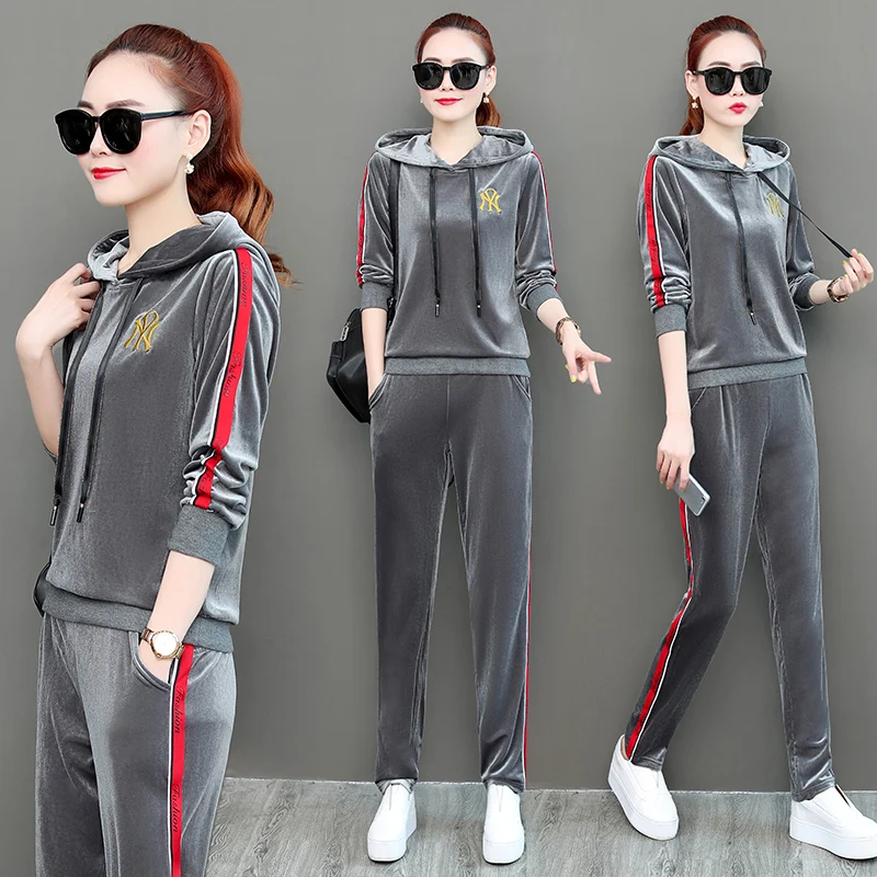 Бархатный спортивный костюм для женщин 2019 Женский Большой размер с капюшоном