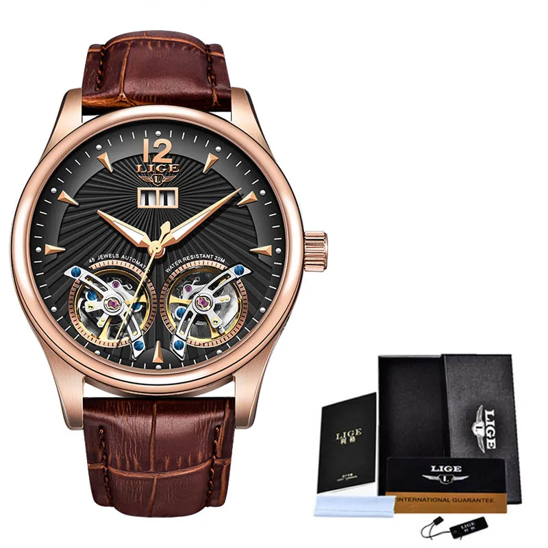 rose gold black LIGE, роскошные брендовые водонепроницаемые военные спортивные мужские часы, мужские часы с двойным Tourbillon, автоматические механические часы, мужские часы - Цвет: rose gold black