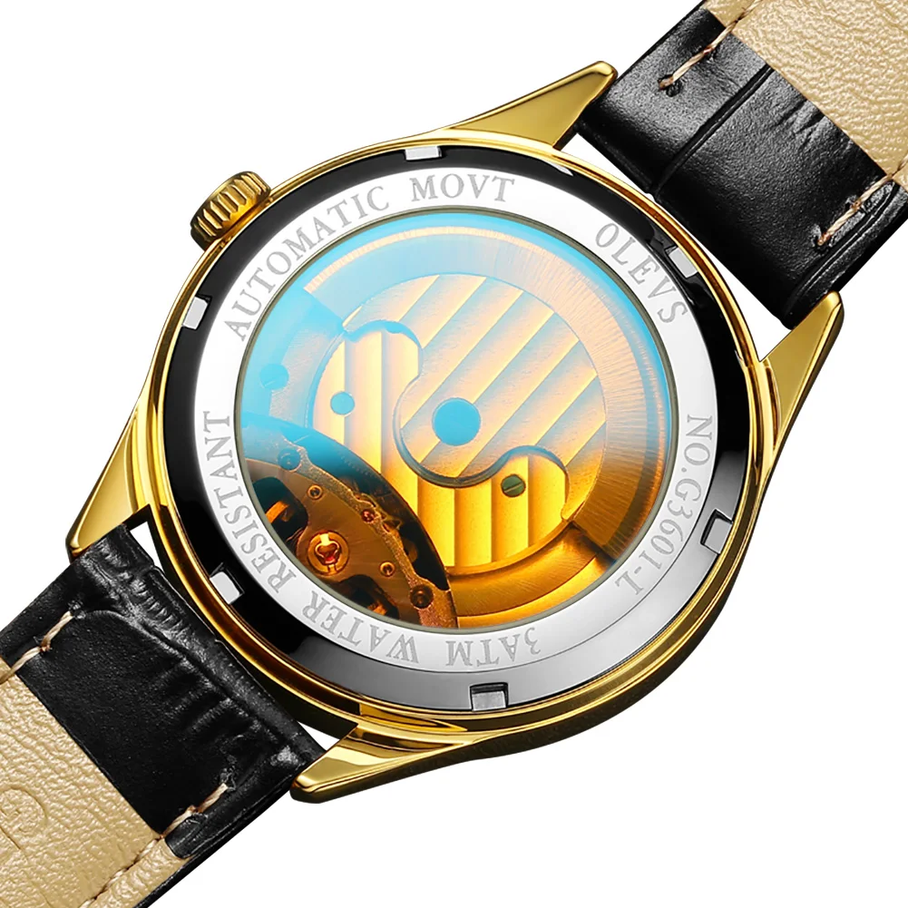 

video! OLEVS Vintage Black Dial Brown Cowhide Bracelet Fashion Men's gift mechanical watches