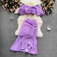 summer elegant women purple polka dot skirt set ladies shirring short sleeve crop top ruffle high waist skirt 2 piece set outfit