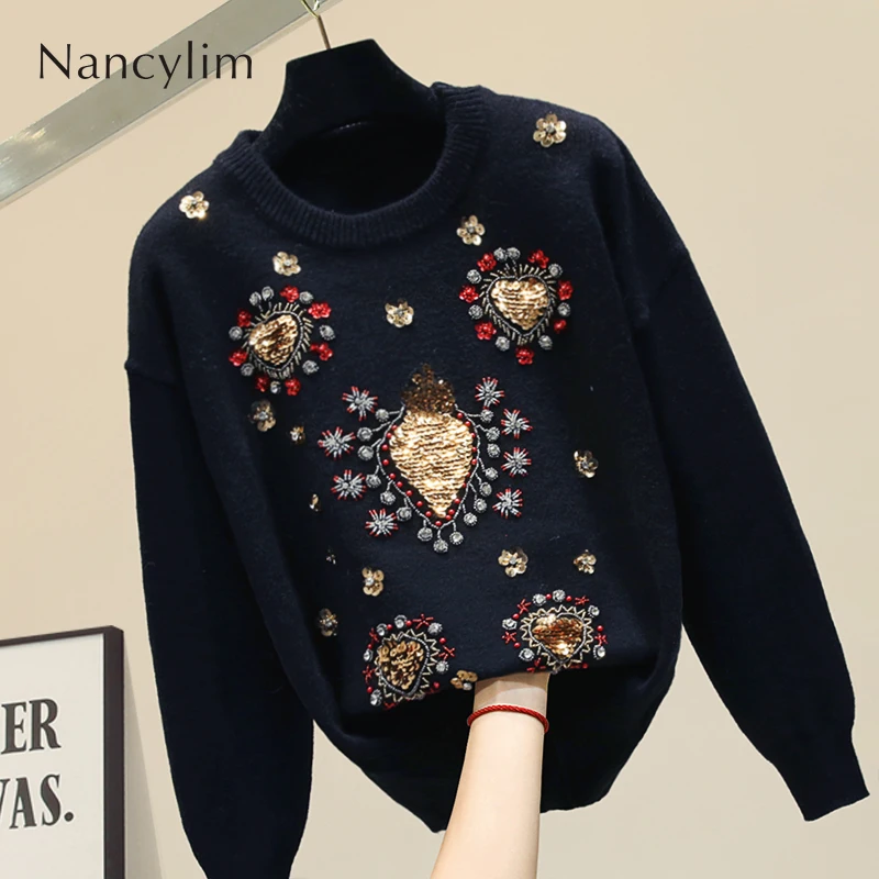 Женский свитер на осень и зиму вязаный утолщенный пуловер с алмазными блестками
