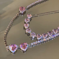 mengjiqiao korean trendy sweet pink crystal heart necklace for women girls elegant zircon snake chain choker collares jewelry