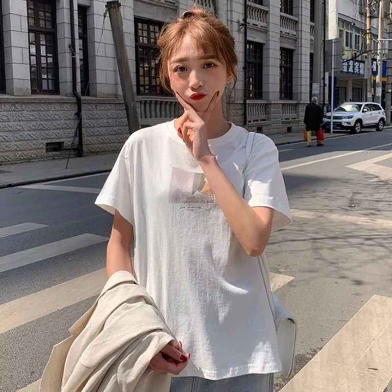 Harajuku Bf стильная женская бежевая футболка с принтом персонажа, Повседневная Harajuku пуловер с круглым вырезом и коротким рукавом, белая футболка, топы