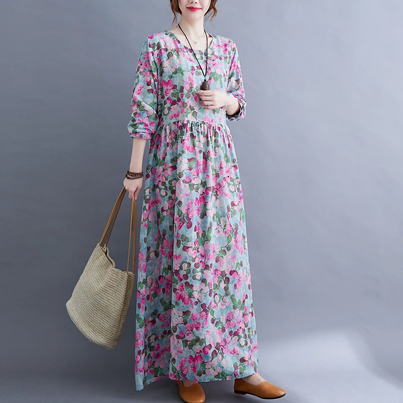 

Long Sleeve Cotton Vintage Floral Print Purple Spring Autumn Dresses For Women 2021 Casual Dress Elegant Beach Robe Longue Femme