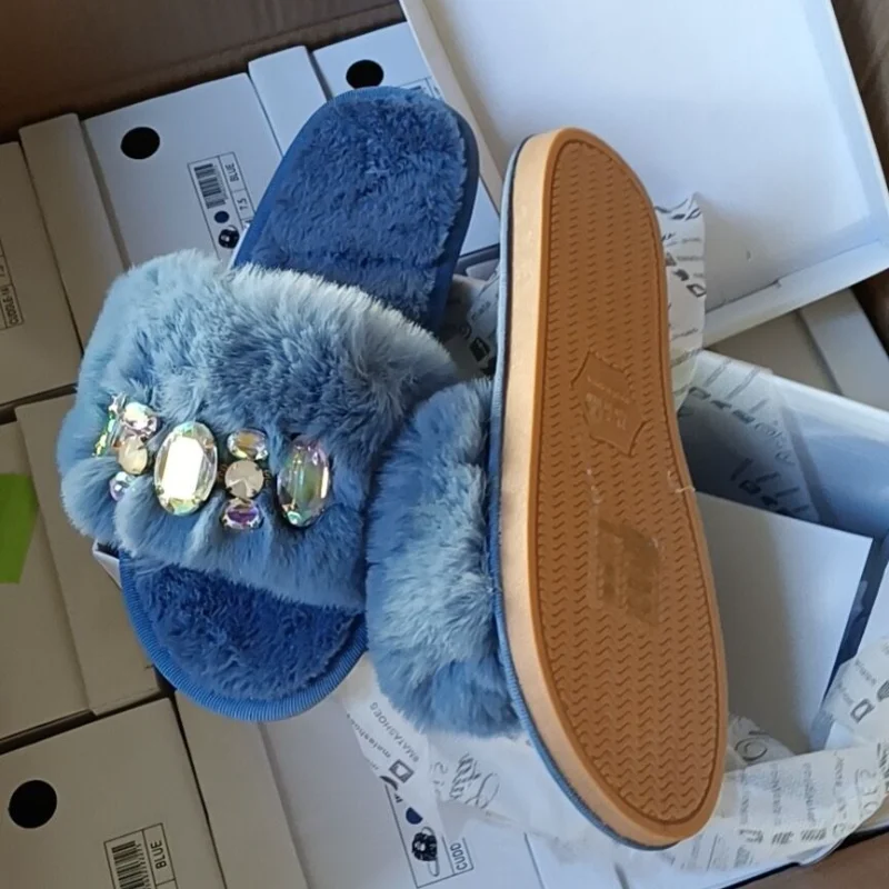 

Winter Women Luxury Fur Slippers Warm Fluffy Furry Lining Platform Flat Heel Huge Shiny Rhinestone Open Toe Ladies Slides Shoes