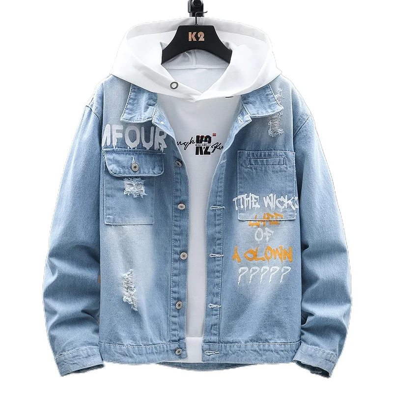 

Men Denim Jacket Streetwear Hip Hop Men's Hooded Jean Jackets Male Casual Loose Outerwear Nice Pop Spring Vogue Slim Fit Coat