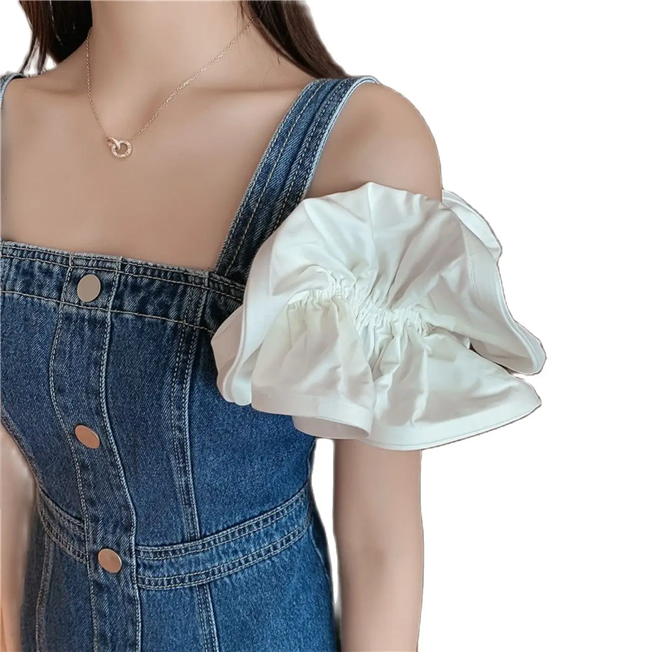 

2021 Summer New Denim Suspenders Skirt with Bubble Sleeve and Thin Flesh Design and Removable Wooden Ear Sleeves for Women
