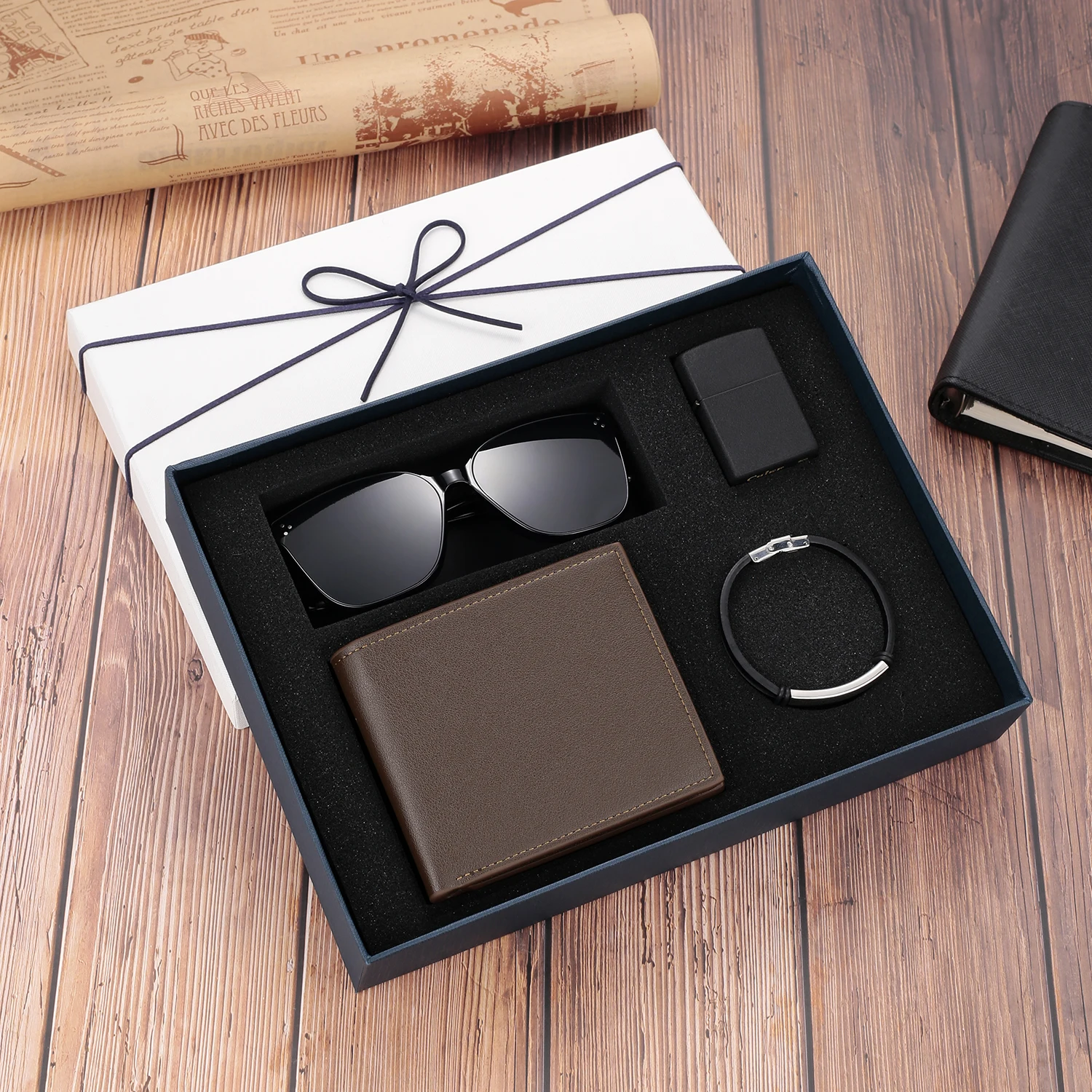 Four-piece Gift Set PU Leather Wallet Sunglasses Lighter Custom LOGO Or Name Men’s Bracelet Custom Men’s Gift Box
