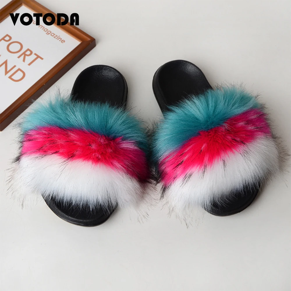 Women Furry Slippers Faux Fur Slides Mixed Colors Rainbow Flip Flops Fashion Girl Cute Plush Shoes Fluffy Shoes Woman Slides