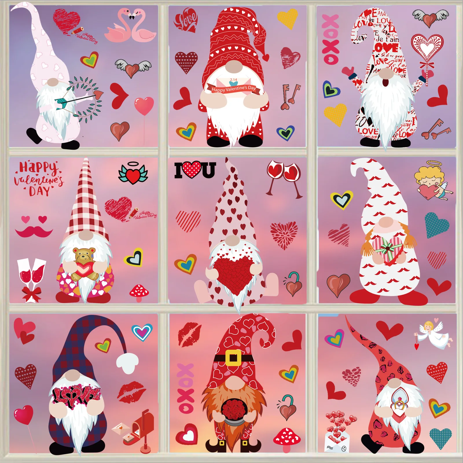 

9pcs Pink Valentine Static Window Sticker Happy Valentine‘s Day Decor For Home Sweet Cupid Love Heart Decor Valentine Party Fav