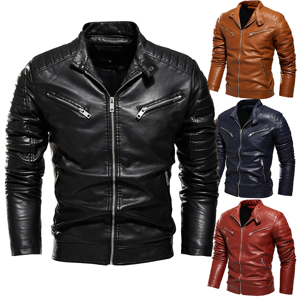 

Mens New Leather Jacket Patchwork Casual Zipper Slim Fit Coat Male Youth Motorcycle Pu Leather Brushed Outwear Color Matching