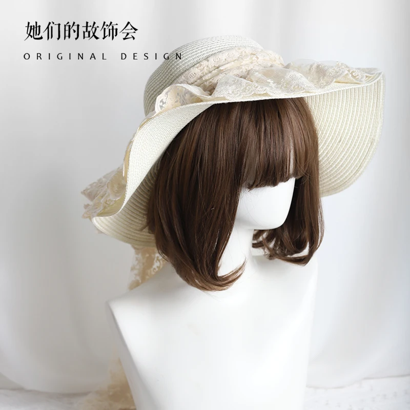 

Sweet Elegant French Pastorale Style Lace Bowknot Straw Hat Soft Sister Mori Girl Lolita Summer Kawaii Beach Sun Hat Flat Cap