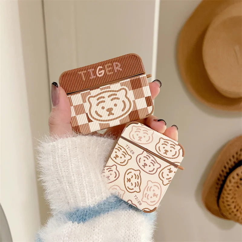 Cute Cartoon Tiger Earphone Case For Apple Airpods 3 2 1 Pro Cover Fashion Faux Leather Headphone Charging Case Box For Airpods