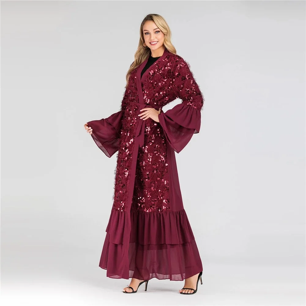 

Muslim Dress Muslim Fashion Middle East Eid Duabi Abaya Turkey Robe Sequin Robe Chiffon Trumpet Sleeve Muslim Cardigan Donsignet