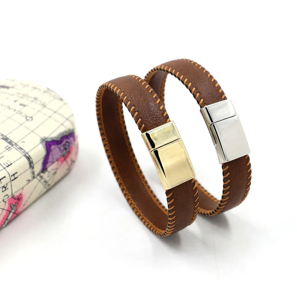 Мужской кожаный браслет на заказ из нержавеющей стали с гравировкой имени и